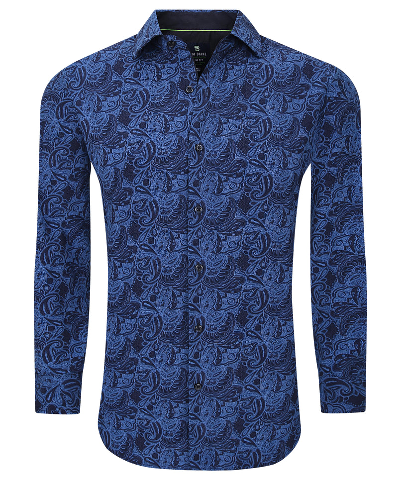 Men's Slim Fit Performance Long Sleeve Printed Shirt Blue – Tom Baine